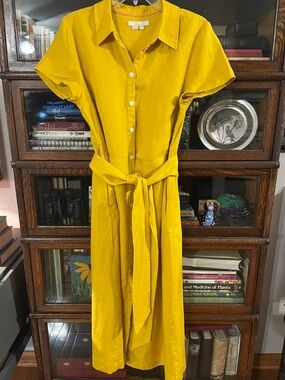 Boden Mustard Yellow Button-Front Linen Shirt Dress